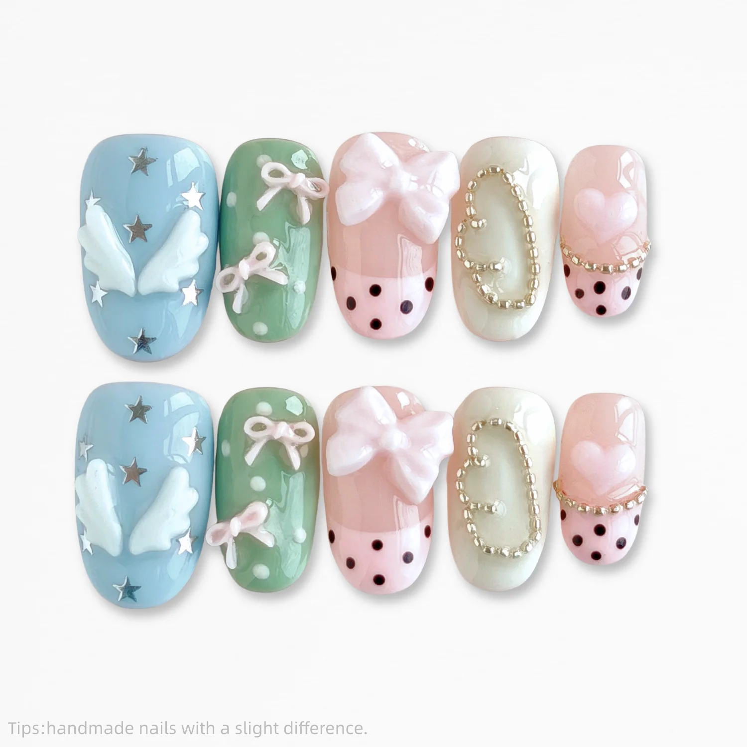 

10pcs Handmade Kawaii 3D Bow & Angel Wing Press On Nails Short Oval Sweet Cute Fake Nails with Heart Chain Decor False Nails