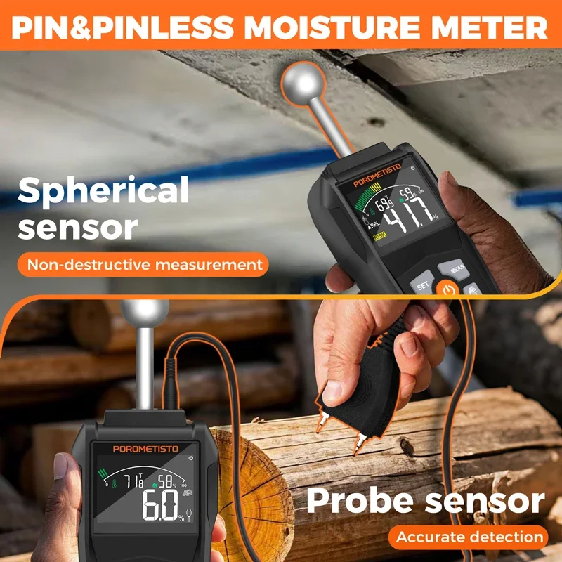 2IN1 Digital Wood Moisture Meter Pin&Pinless Wood Humidity Tester 0~99.9% Timber Damp Wood Detector with LCD Display Hygrometer