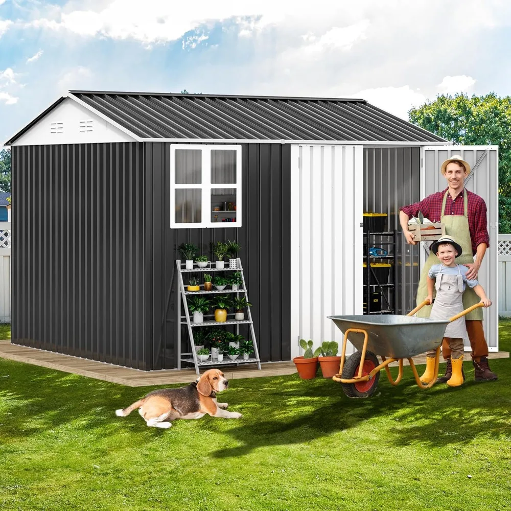 

10' x 8' Outdoor Storage Shed, Waterproof Metal Garden Shed with Windows, Lockable Doors, and Sloped Roof for Patio, Backyard
