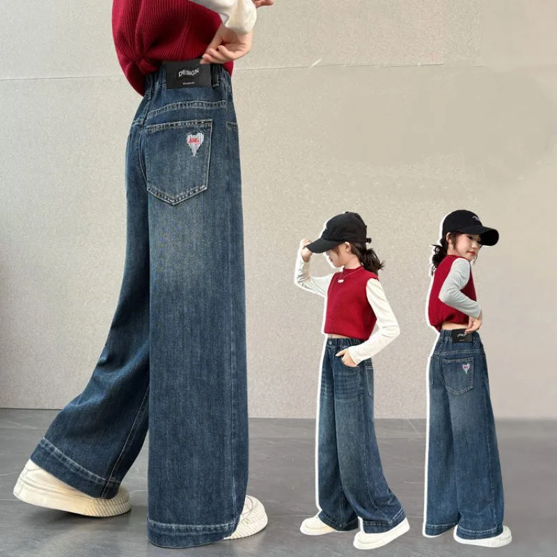 Girls Wide Leg Jeans 2025 Spring Autumn Fashion Children\'s Casual Denim Pants Kids Retro Design Straight Leg Baggy Trousers
