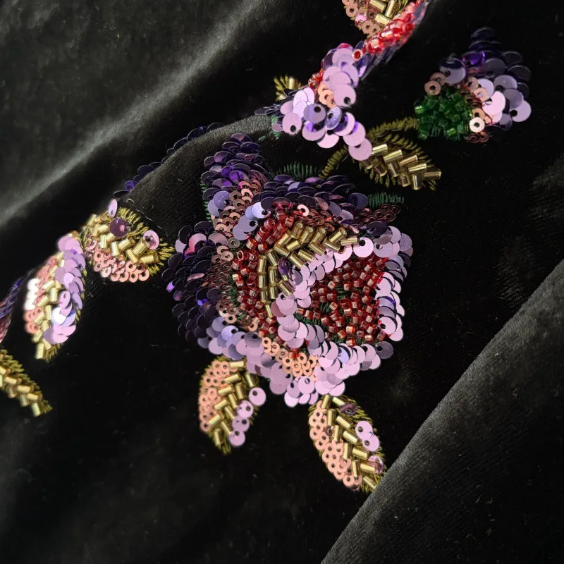 High-end heavy bead tube embroidery velvet fabric for women's clothing embroidered fabric for dresse gowns elegant sequin fabric