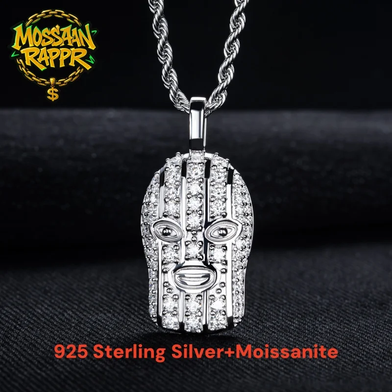

MossanRappr 1.03cttw Moissanite Masked Men's head Shape Pendant Hip Hop Necklace 925 Sterling Silver Heavy Metal Jewelry for Men