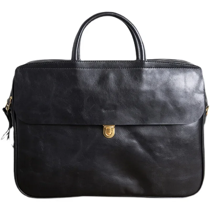 Marca de luxo bolsa de couro masculino retro 15 polegadas maleta cabeça saco computador negócios