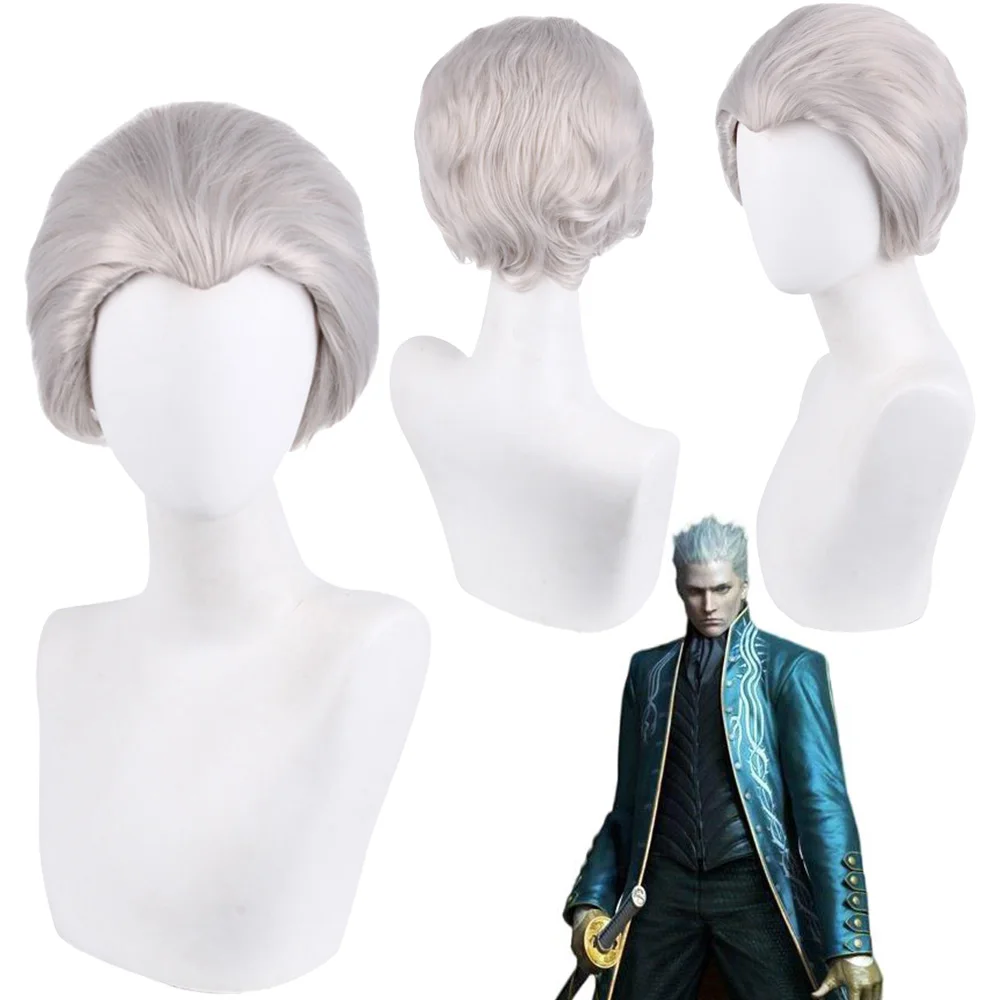 

Fancy Dress Vergil Wigs For Men Silver Slick Back Hair Anime Game DMC 5 Cosplay Costume Accessories Man Roleplay Party Props
