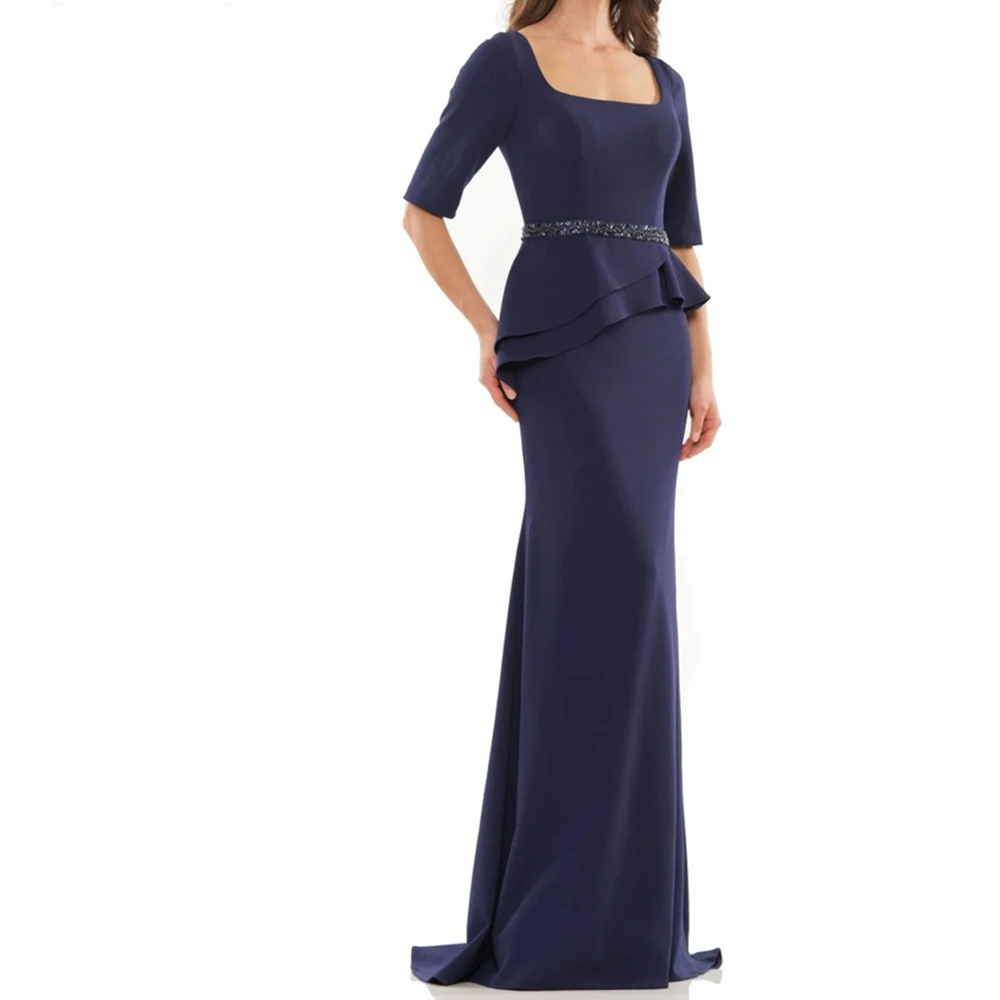 

Customized Classic Straight Floor Length Square Neck Jersey Half Sleeves Crystal Evening Dress Elegant vestidos para mujer