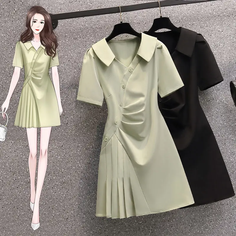 

Temperament French Elegant Solid Color Women's Dress 2024 Summer New Casual Commuter Lapel Short Sleeve Long Dress 2 L507