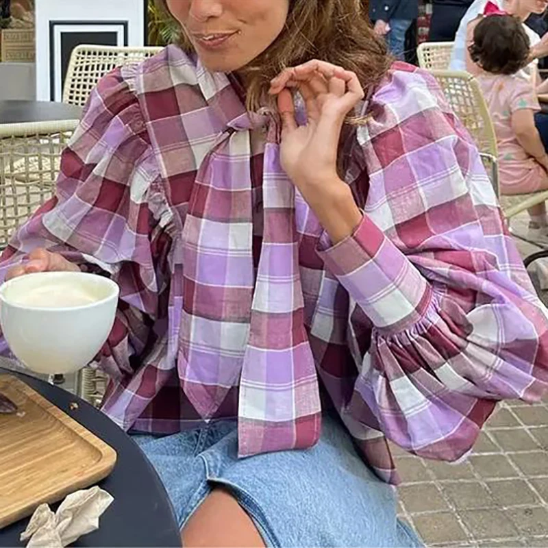 Long Sleeve Plaid Lace Up Blouses For Women 2024 Dressy Casual Loose Lantern Sleeve T-Shirts 2024 Elegant Ladies Commute Top