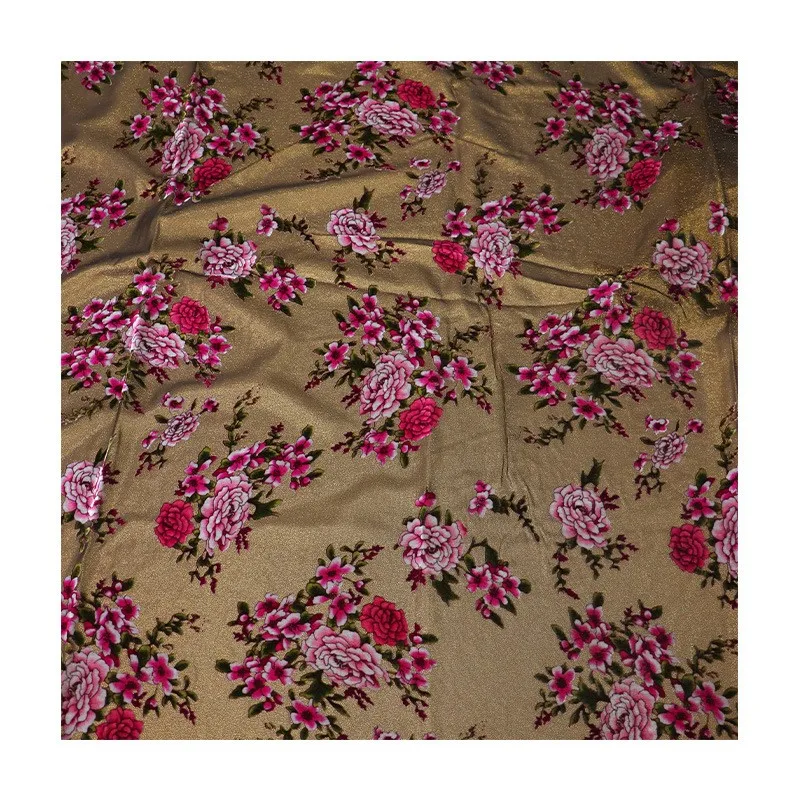 금색과 퇴색된 꽃무늬 벨벳 실크 치파오 드레스