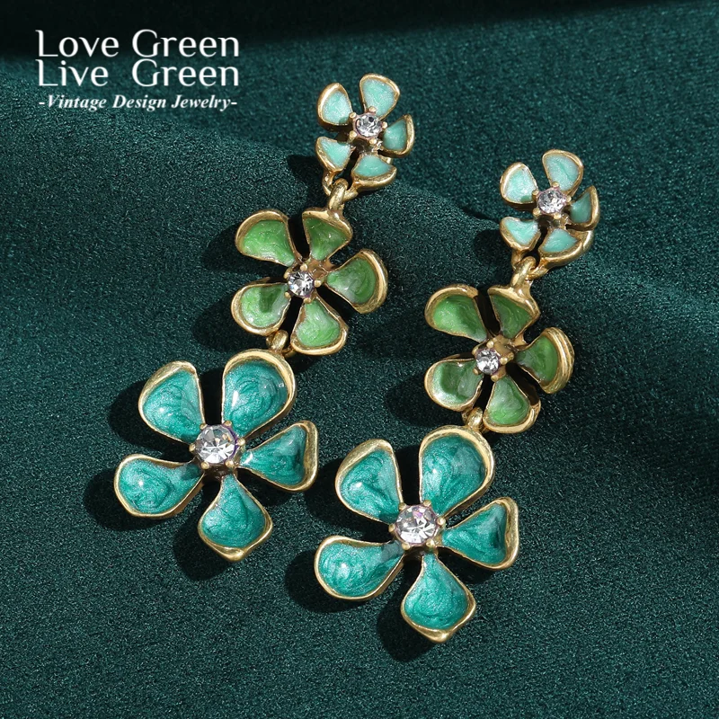 

Vintage Colorful Gradient Green Enamel Flower Drop Earrings Designer Jewelry Accessories For Women New 2025 Trend Party Daily