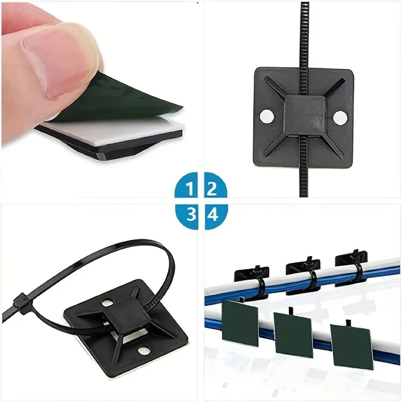 200-piece self-adhesive cable tie holders - cable management clips for wall anchors to securely fasten wires