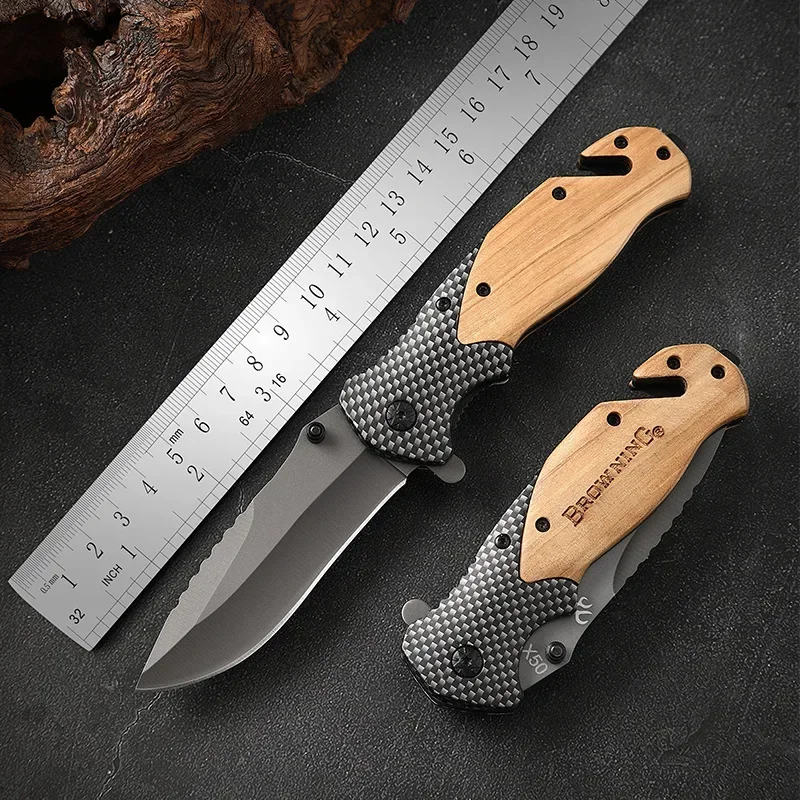 Military Tactical Outdoor Folding Knife Survival Combat Pocket Knife Cool Wooden Handle EDC Hunting Stainless Steel Jackknives