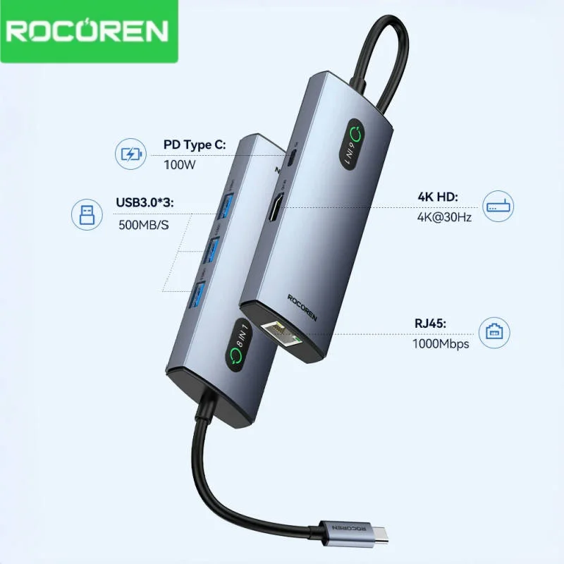 

Rocoren 11 in 1 USB C Hub PD 100W RJ45 SD Reader USB 3.0 Splitter 8 in 1 Dock Station For Macbook Air Pro Samsung Xiaomi Laptop