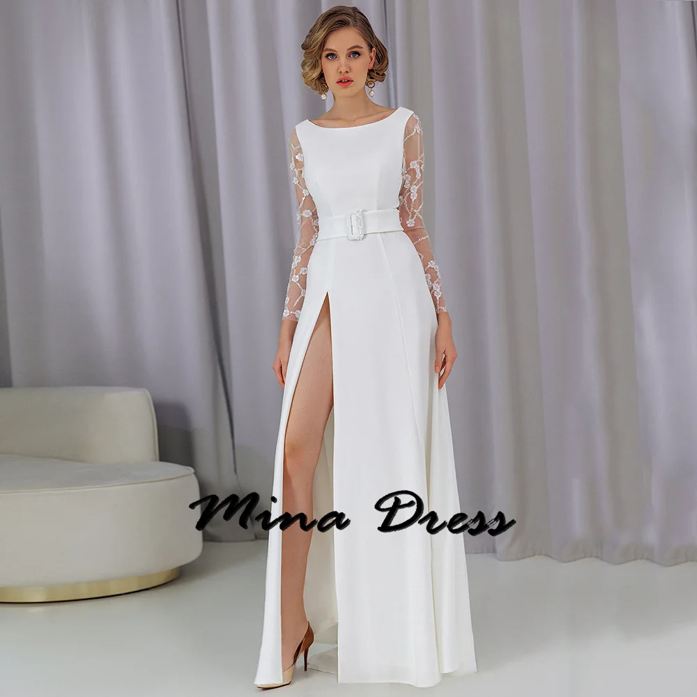 Mina Customized Backless Elegant Party Dresses 2024 for Wedding Dresses for Formal Occasions Belt High Slit Long Sleeves Evening