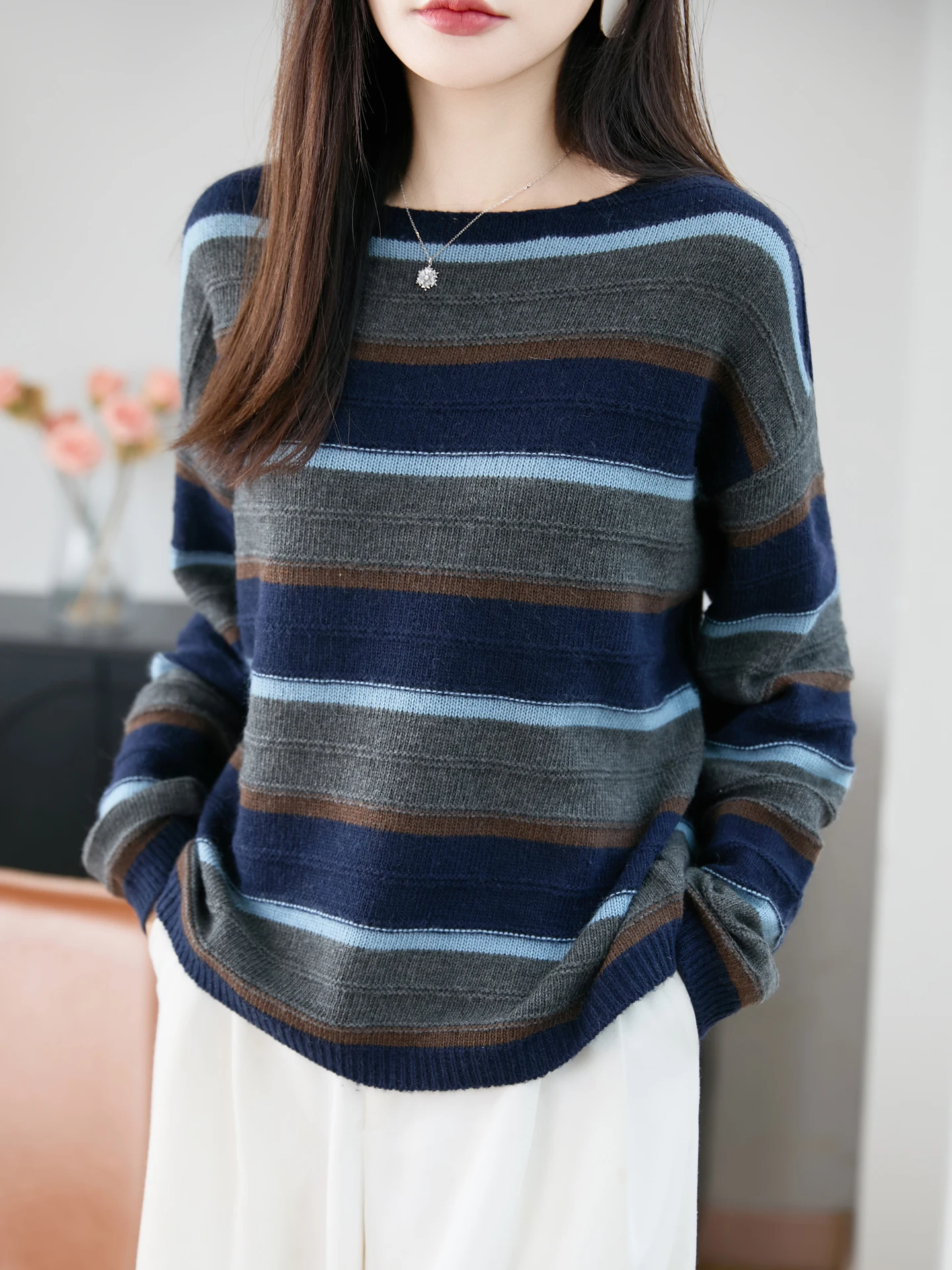 New Fashion Autumn Winter Woman Sweater Elegant Female Merino Wool Knitwear Striped Pullover Ladies Long Sleeve Clothing Tops