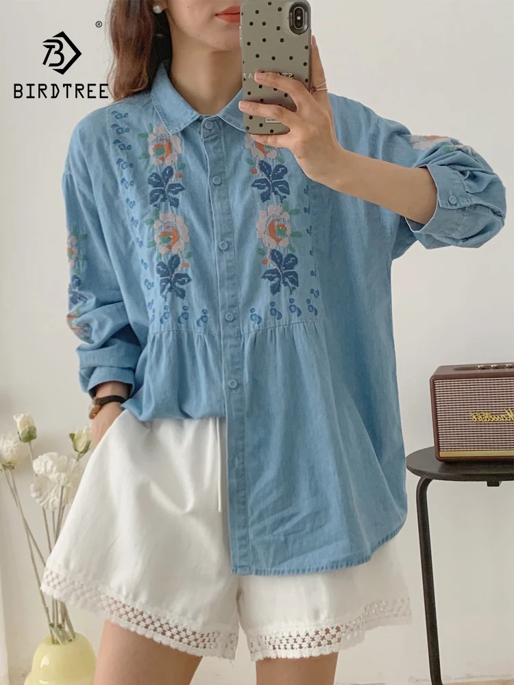 

New 2025 Autumn Long Sleeve Denim Shirt, Women Turn-down Collar Floral Embroidery, Mori Girl Sweet Casual Loose Blouse T58453CC