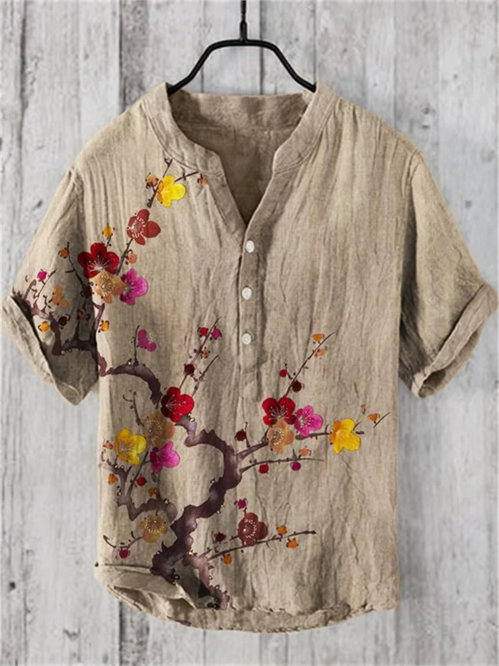 2024 New Men\'s Shirt Japanese Vintage Art Print Linen Short sleeved Shirt Hawaiian Style Button Henry Neck Shirt