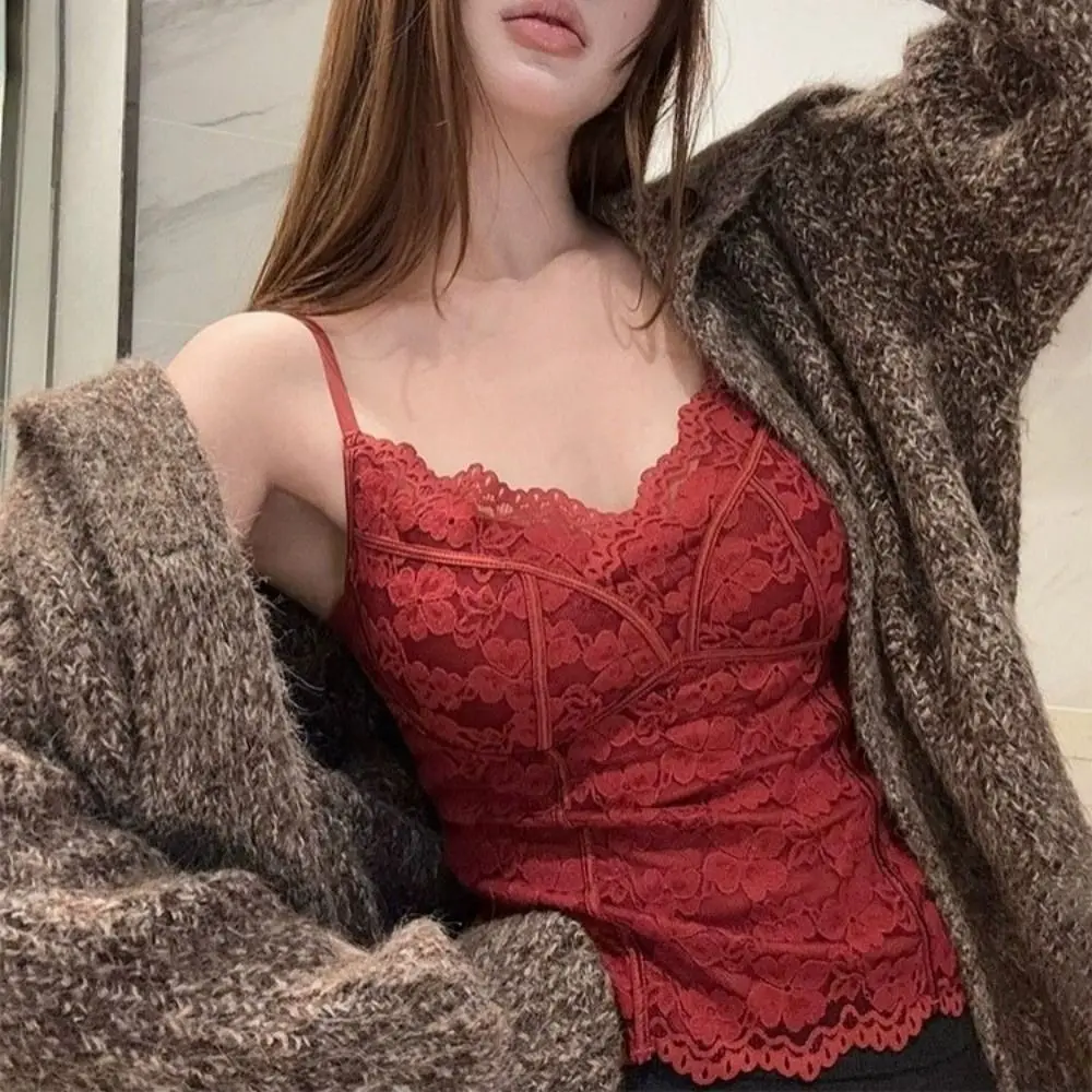 Top corto de encaje ajustado con flores de malla, camisa con cuello en V, chaleco para niña, Top picante, chaleco estilo para niña, camisola con almohadillas