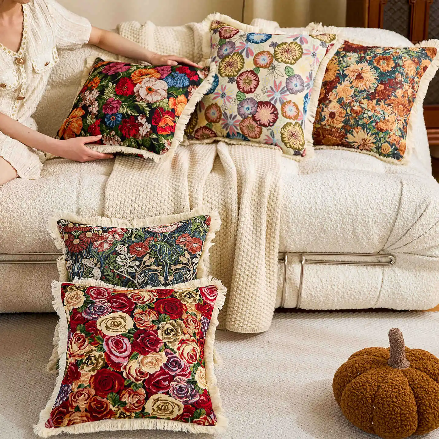 

Pastoral Style Floral Cotton and Linen Throw Pillowcase Cojines Jacquard Yarn-Dyed Pillow Cushion Cover Funda Cogines De 45x45