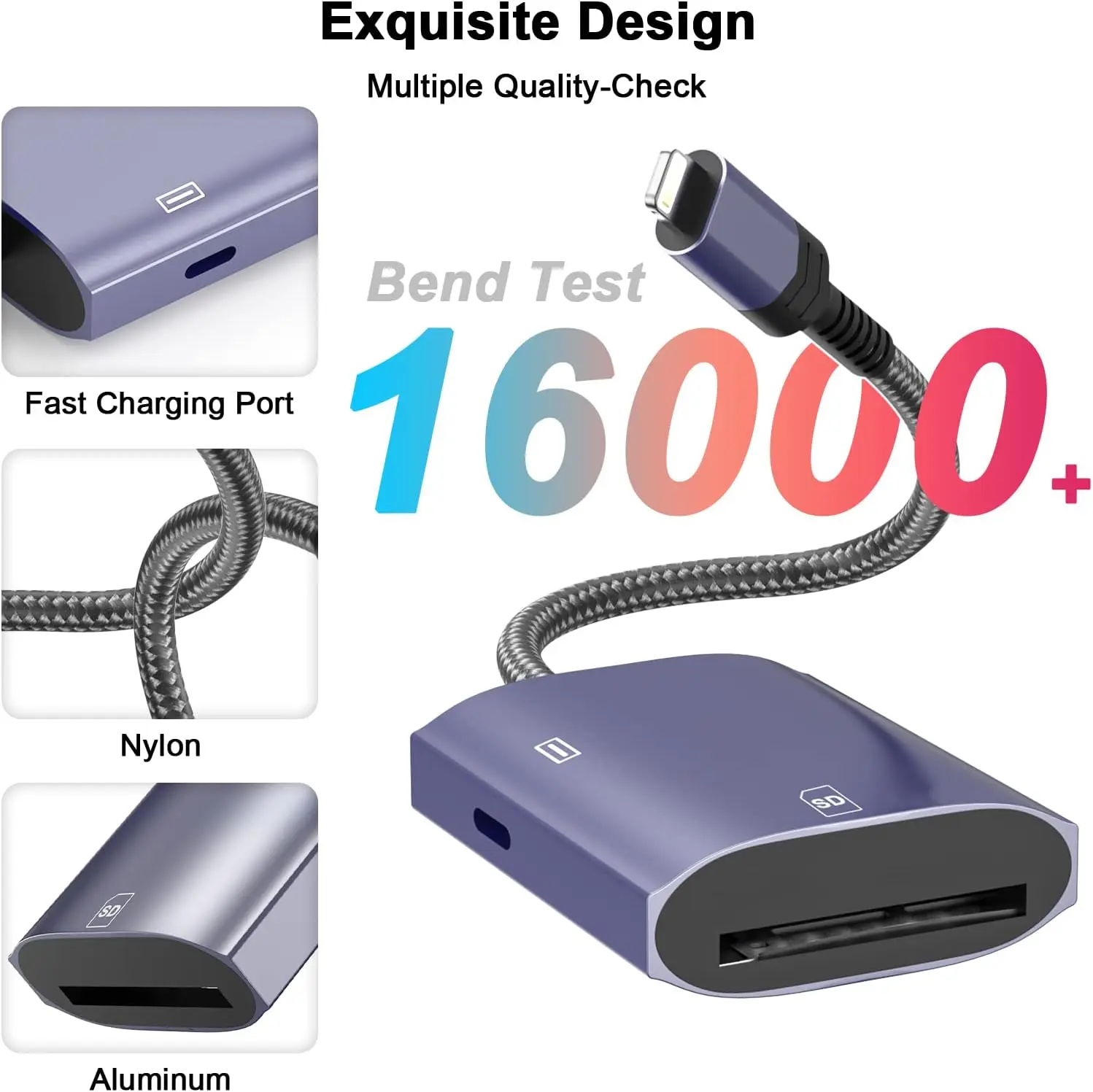 Lecteur de carte SD pour iPhone, adaptateur de carte micro mémoire avec port de charge, caméra de jeu de piste, visionneuse de carte SD, haute vitesse