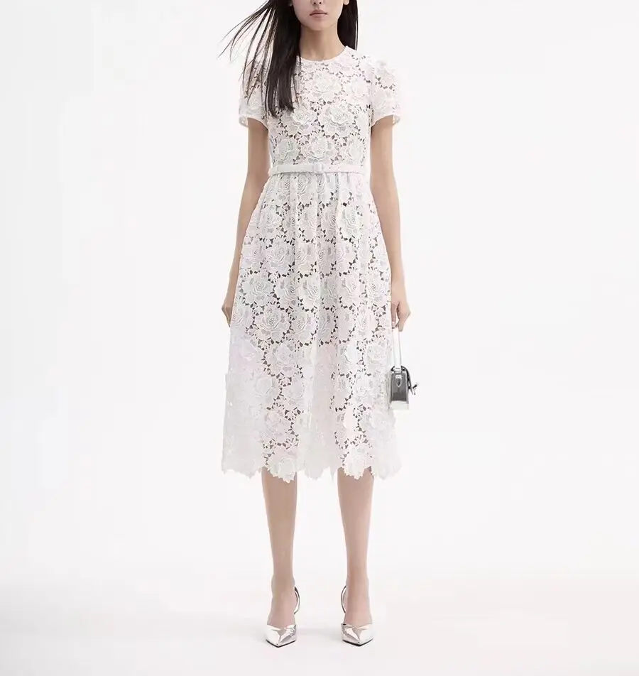 

Women's 2024 early autumn new ivory white temperament short sleeved waist cinched lace mid length dress