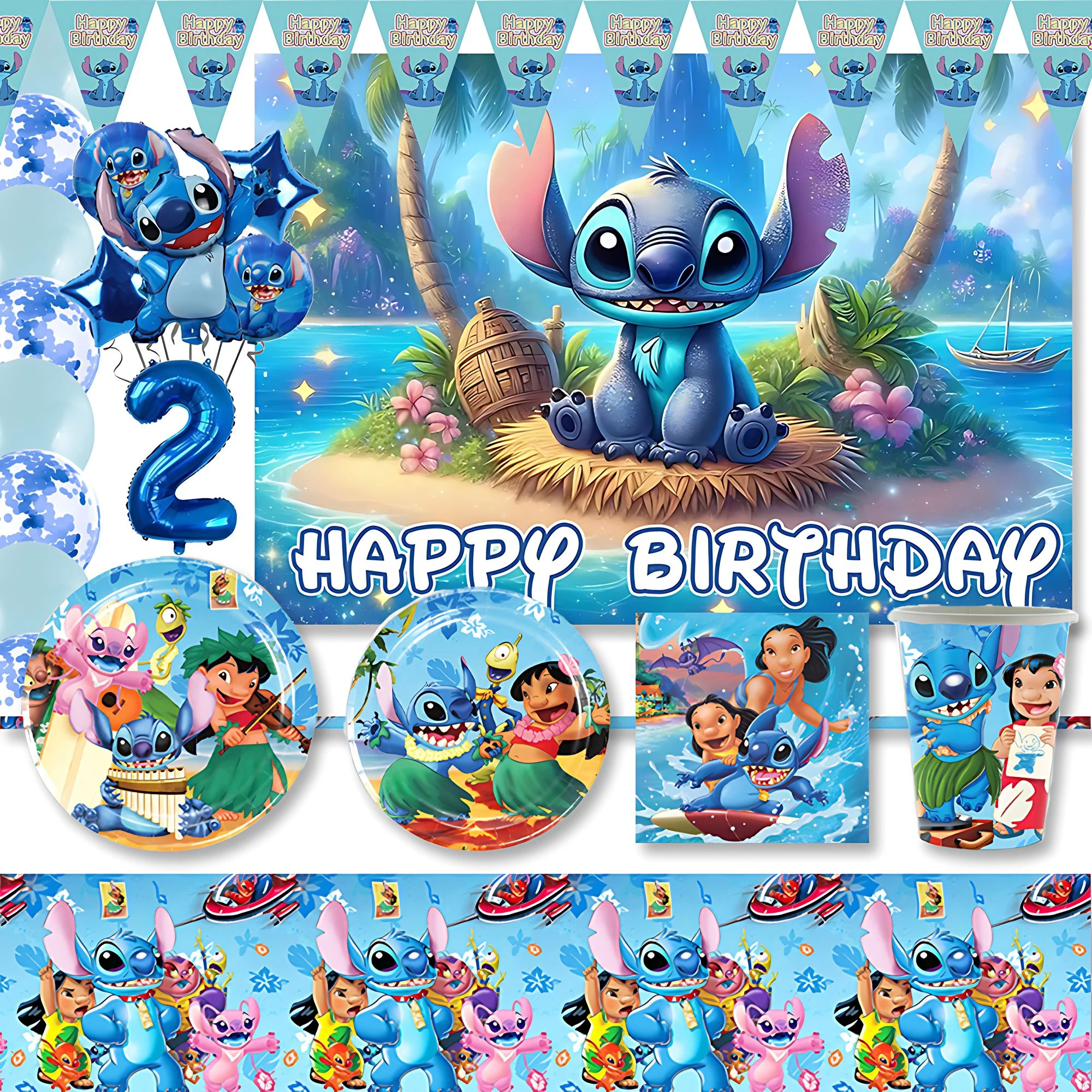 Cartoon Lilo & Stitch Theme Kid Birthday Party Disposable Tableware Balloon Background Decoration Supplies Baby Party Gifts Prop