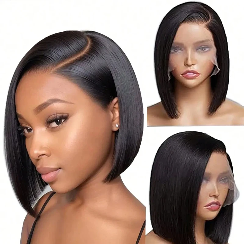 Side Part Human Hair Bob Wig Natural Color Straight 13*4 Lace Front Wig Pre Plucked Cuticle Aligned T Part Bob Wigs For Women