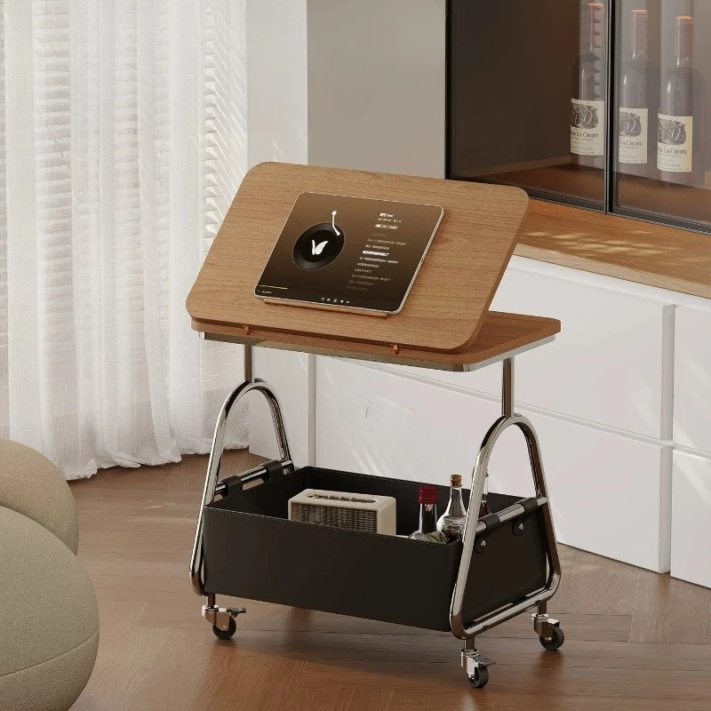 Vintage Movable Foldable Side Cart Solid Wood Rolling Storage Rack Living Room Serving Trolley Compact Sofa Coffee End Table
