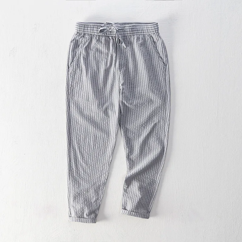 

202 New Sle Men's Japanese Stripe Pants Slim Fit Dstring Casual Youthful Energy Nine-Piece Pants Loose Version