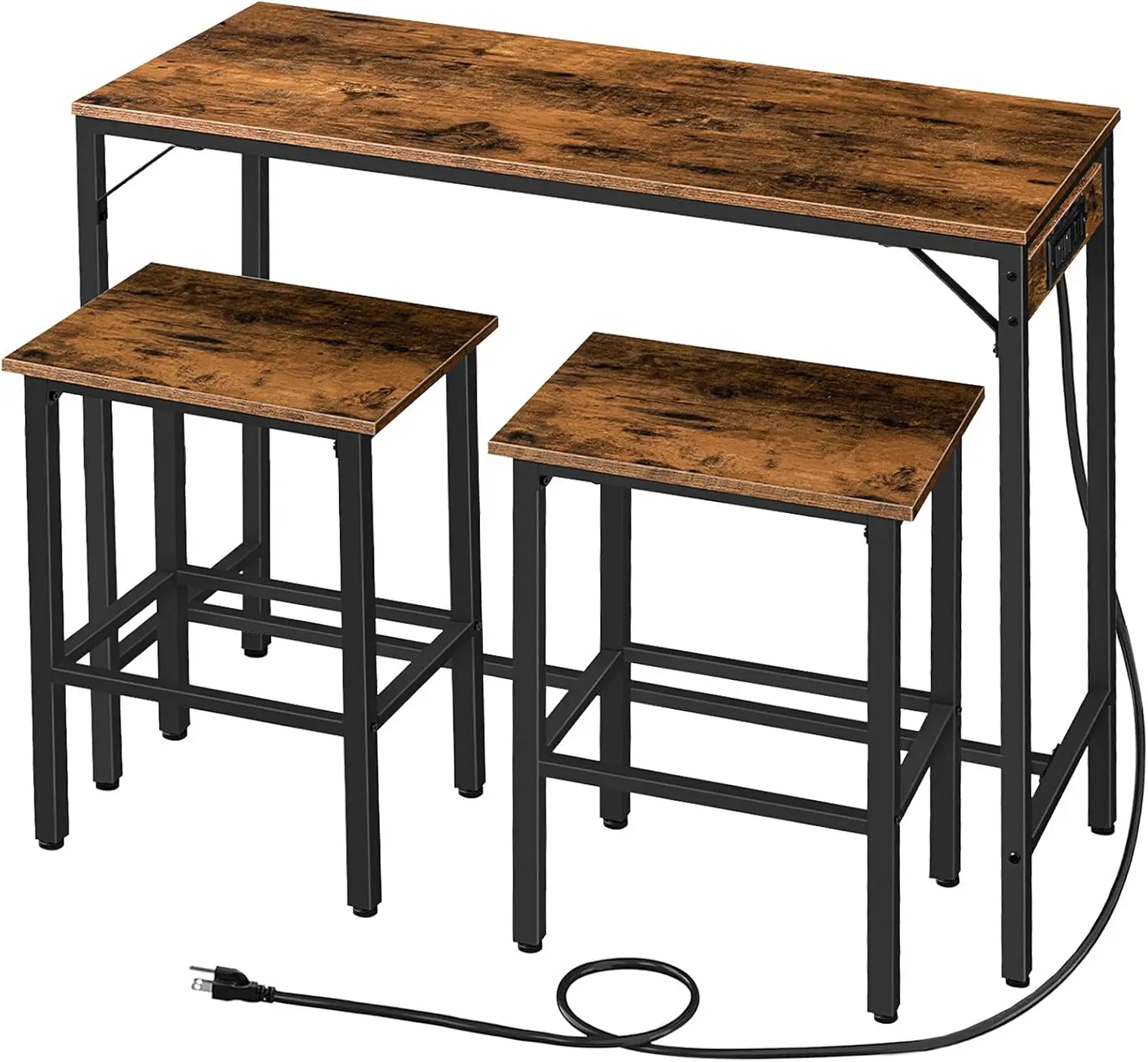 Bar Table and Chairs Set, 47.2" Dining Set with Power Outlet, 3-Piece Pub Set, Kitchen Bar Height with Stools