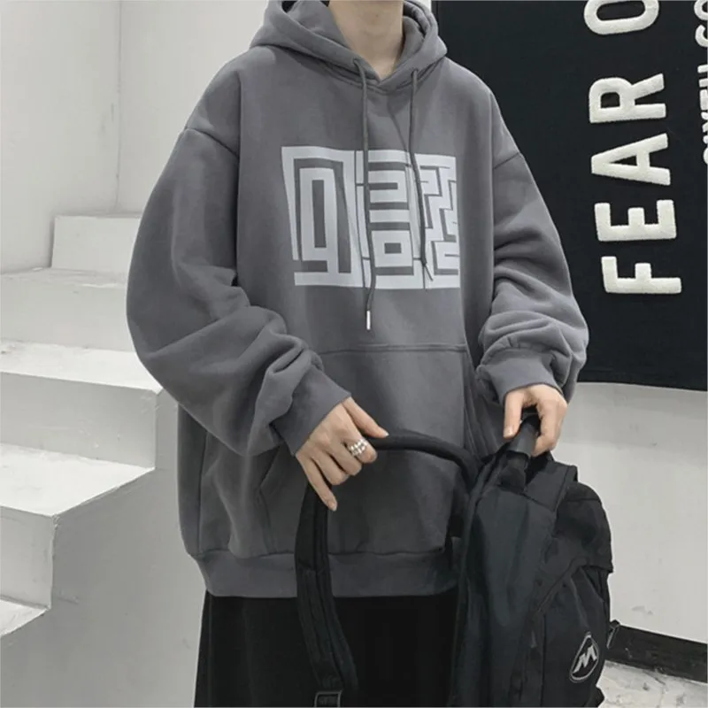 الخريف والشتاء الكورية Harajuku سترة عالية الجودة Y2K Maze نمط الطباعة مقنعين الرجال سترة ملابس فضفاضة غير رسمية Y2k القوطية