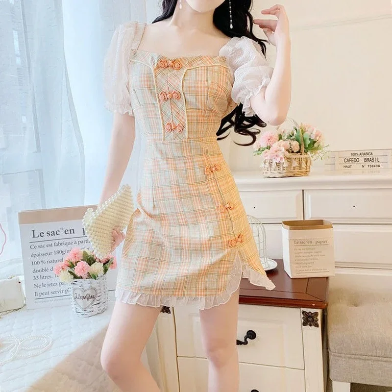 

Summer Women Square Collar Puff Sleeve Cottagecore Dress Sweet Chi-pao Style Plaid Dress 2023 New Short Sleeve Retro Streetwear