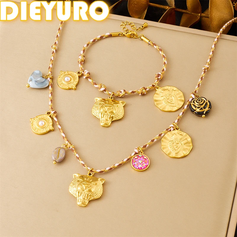 

DIEYURO 316L Stainless Steel Golden Animal Tiger Eye Inlay Pearl Rose Necklace Bracelet Set Lady New Waterproof Jewelry Gift Set