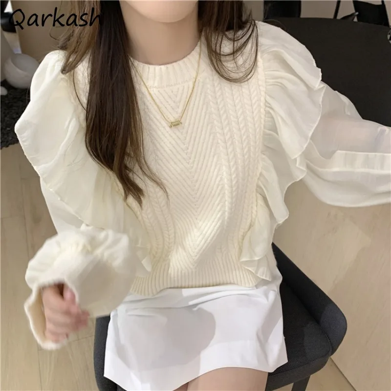 Pullovers Women Two Fake Pieces Sweaters Designs Knitwear Solid Slouchy Stylish Ulzzang Ruffles Elegant Temperament Harajuku New