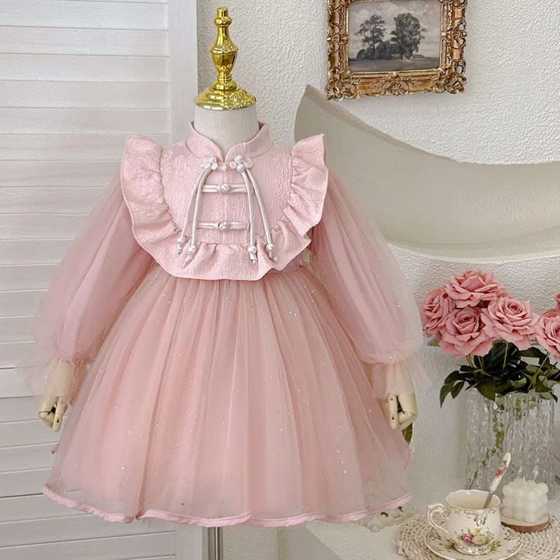 

Girls' Dress2024Autumn New Gentle New Chinese Style One-Word Buckle Pettiskirt Children's Birthday Dress Fashion