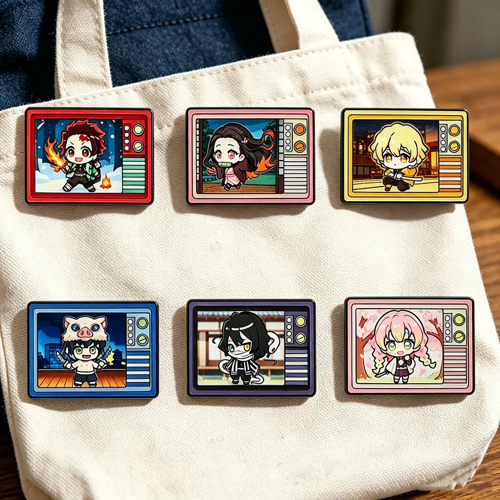6er-Set Demon Slayer Anime Emaille-Pins, Retro-Fernsehgeräte-Rahmen Q-Charakter Broschen-Set, Kawaii Metall-Abzeichen für Taschen und Kleidung