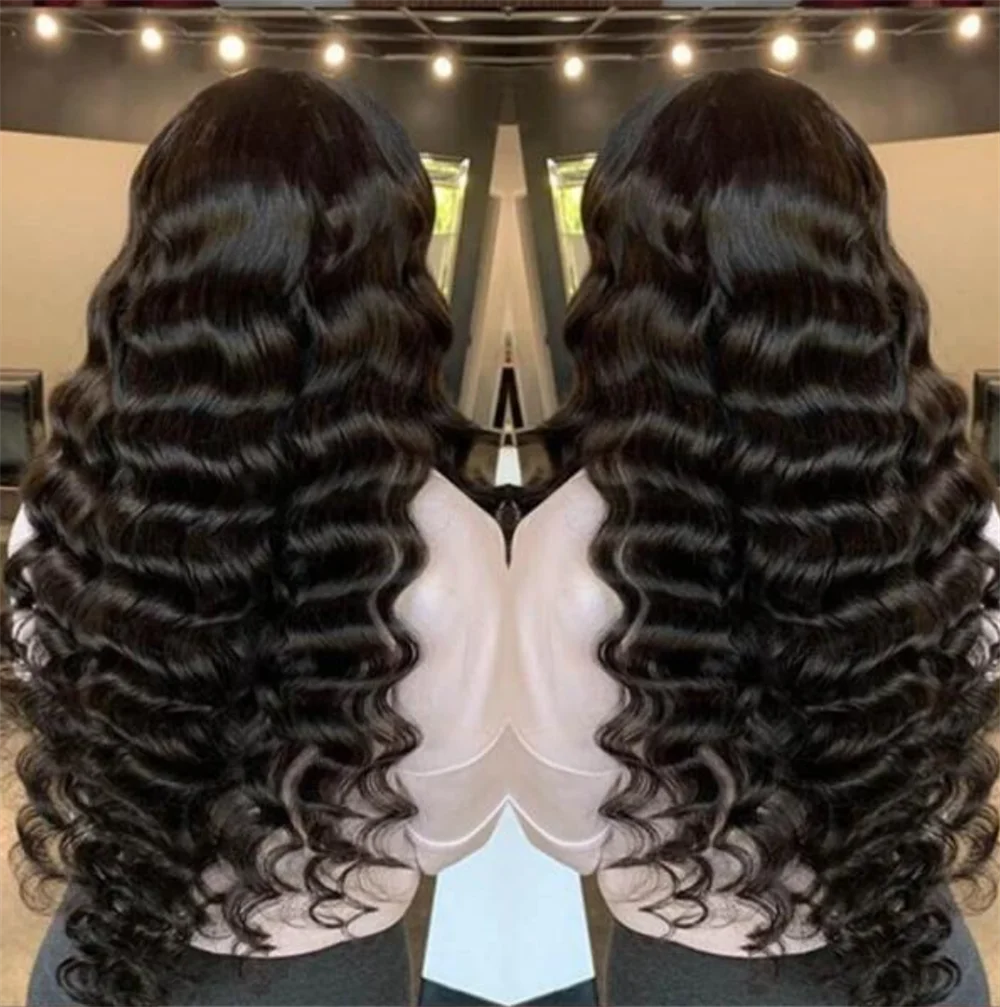 Natural preto onda profunda encaracolado peruca dianteira do laço para as mulheres, macio, longo, cabelo do bebê, pré-arrancadas, sem cola, diariamente, moda, 26"