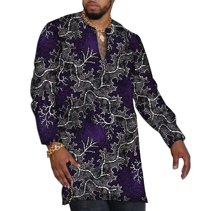 قمصان رجالية أفريقية ذات رقبة على شكل حرف v تصميم أصلي Dashiki قطع علوية مطبوعة مصممة خصيصًا ملابس الحفلات نمط عصري ملابس العريس