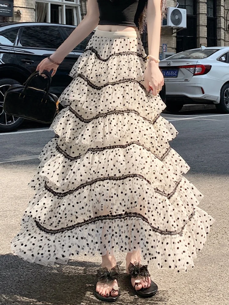 

SMTHMA 2025 New Fashion Splicing Dot Mesh Cake Skirt Women's Summer Slimming Elastic High Waist Mid-Length Umbrella Skirt