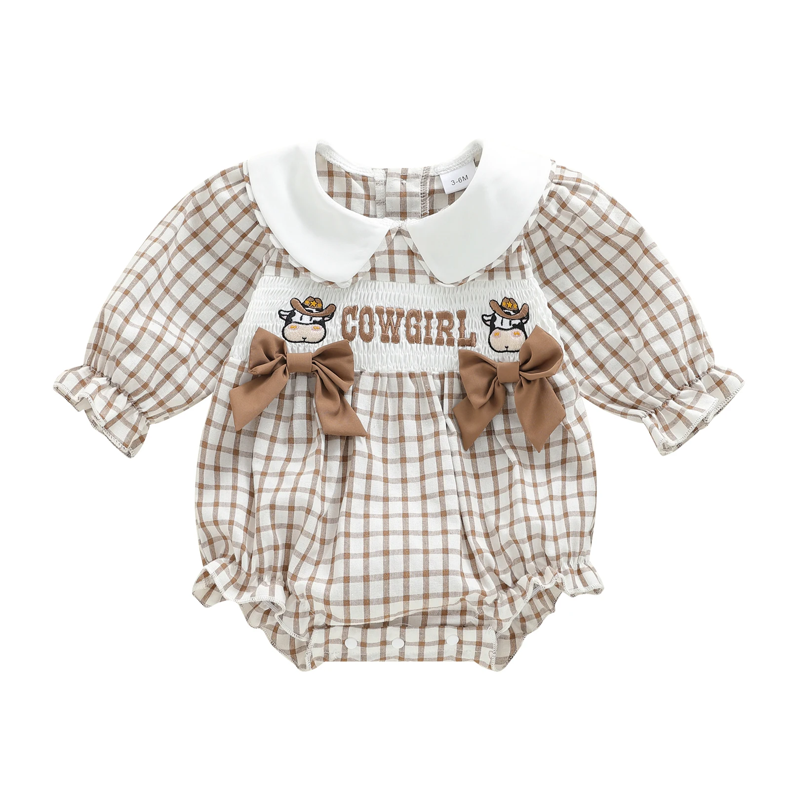 بذلة شتوية متقلب للفتيات الصغيرات مع ياقة دمية وتطريز بقرة لطيفة وأكمام طويلة وطباعة حروف للخريف