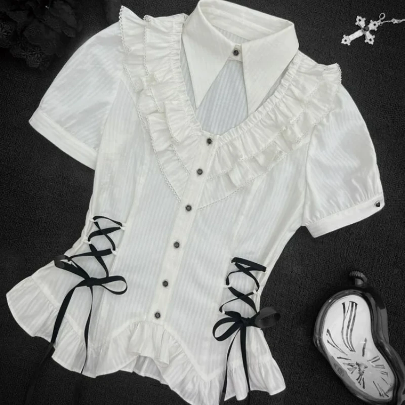 Japanese Gothic Style Lolita 2 Piece Sets Women Sweet White Bandage Blouses High Waist Bow Stripe Mini Skirts Kawaii Y2k Outfits view 6