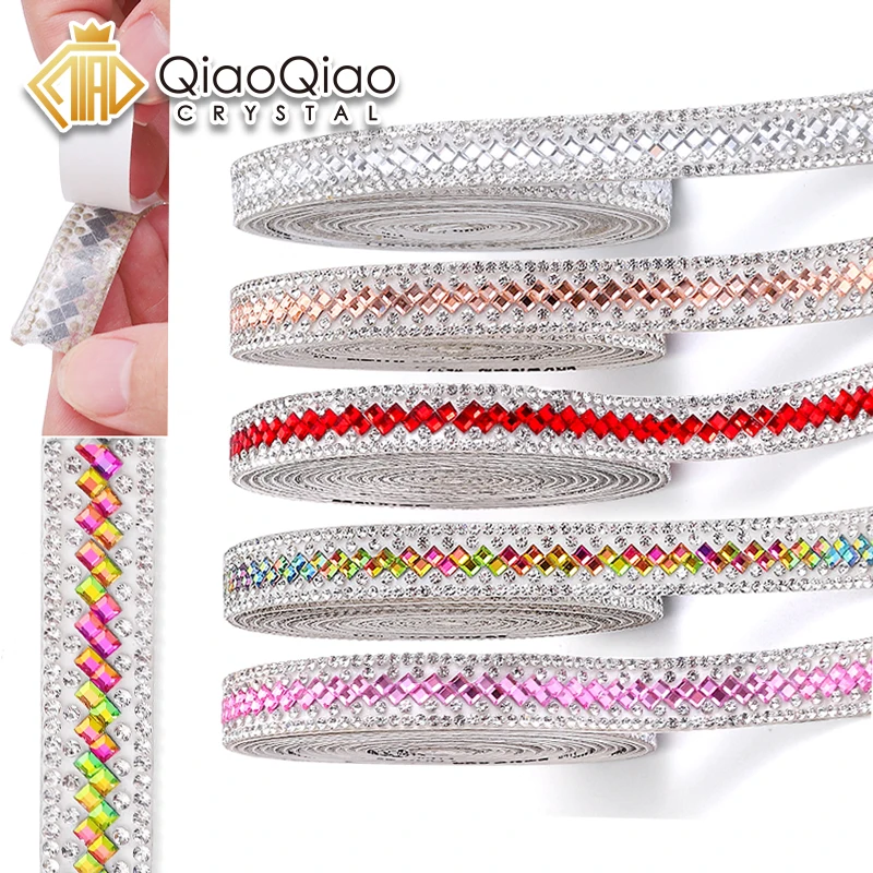 QIAO 12mm 1 jard samoprzylepna szklana wstążka z kryształu górskiego diamentowa wstążka kryształowa rolka brokatowy diamentowy pasek Bling dla majsterkowiczów rzemiosło artystyczne