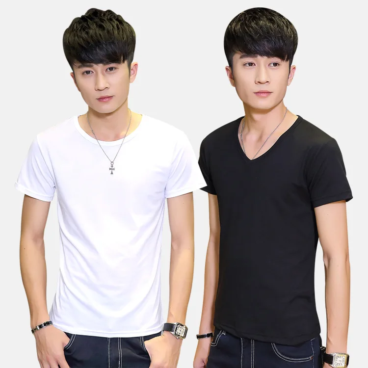 Pure White V-neck Men's Short-sleeved T-shirt 2026  Cleanfit Waist-cinching Style Nine-point Sleeve PU Leather Fabric