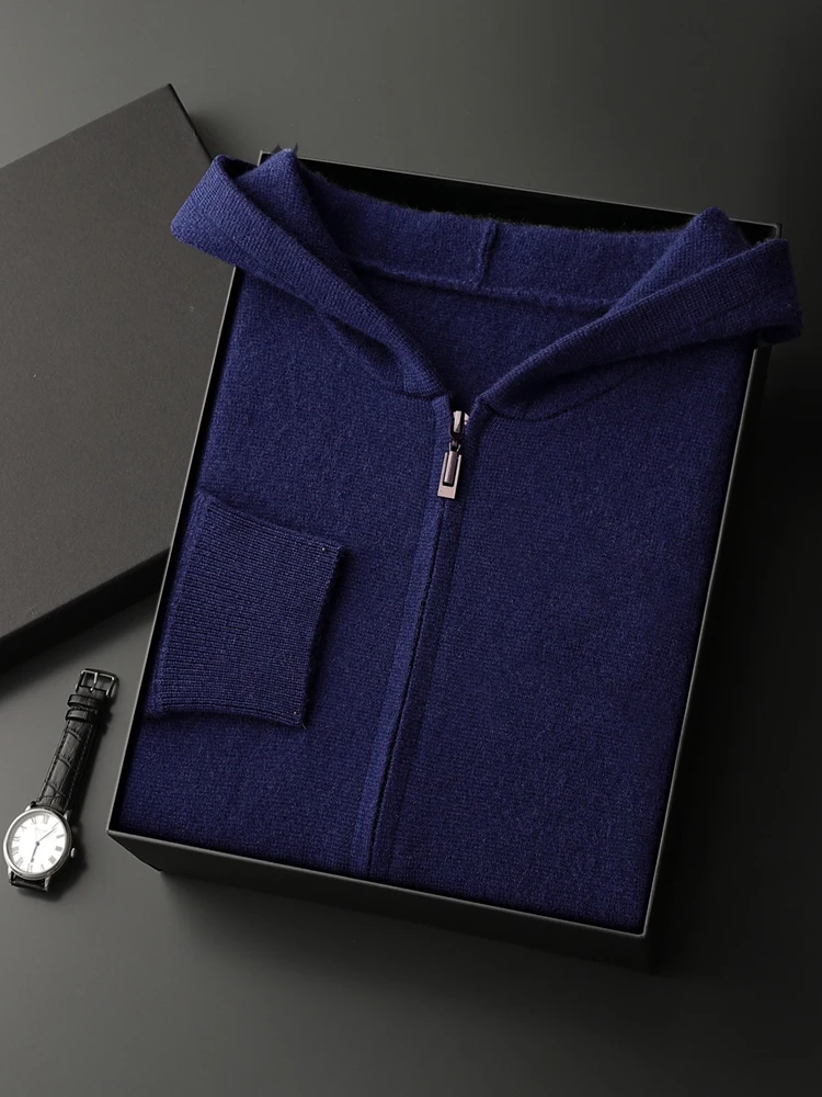 Mens Sweater Cardigan 100% Cashmere Sweater Coat Autumn Winter Clothes Zip Hooded Outerwears Thick Warm Knit Jacket Smart Casual