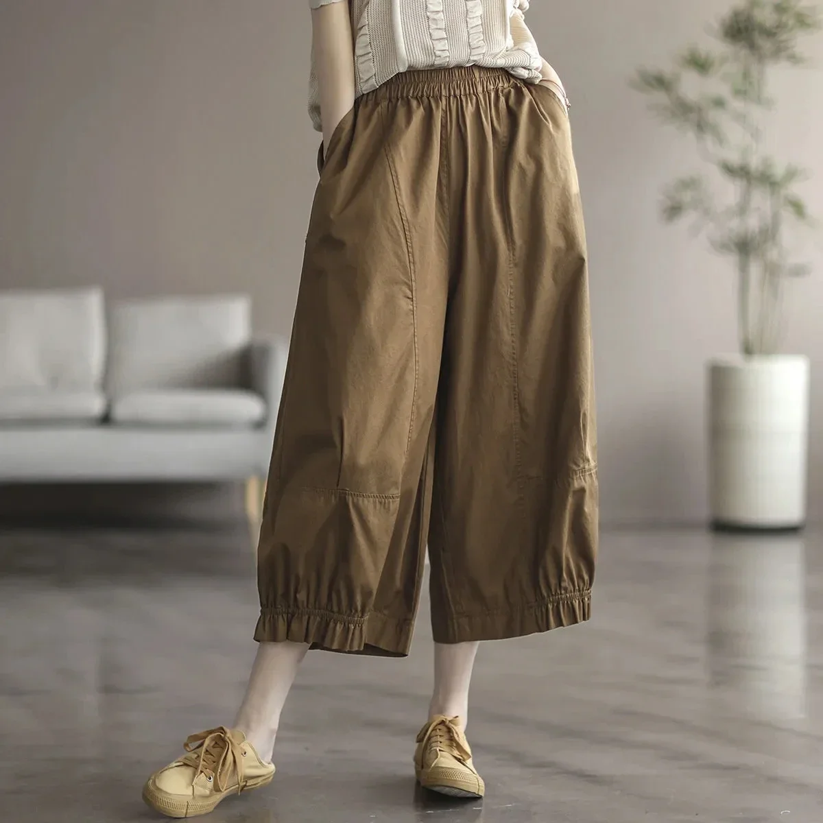 Summer Capris Wide Leg Pants Women 74-77cm Casual Baggy Straight Pantalones Big Size For 80kg Elastic High Waist Cotton Trousers