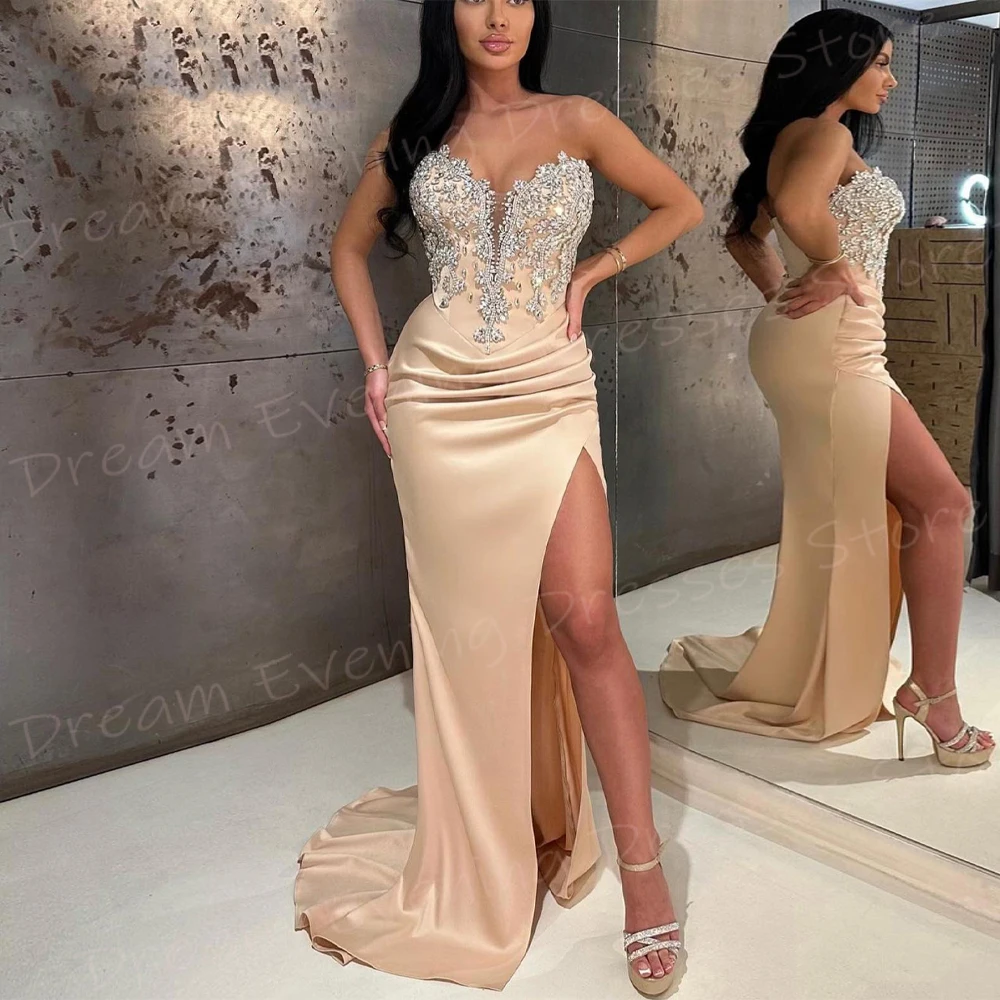 

Charming Mermaid Graceful Women's Evening Dresses Romantic Sweetheart Sleeveless Prom Gowns Side Split Beaded Vestido De Noche