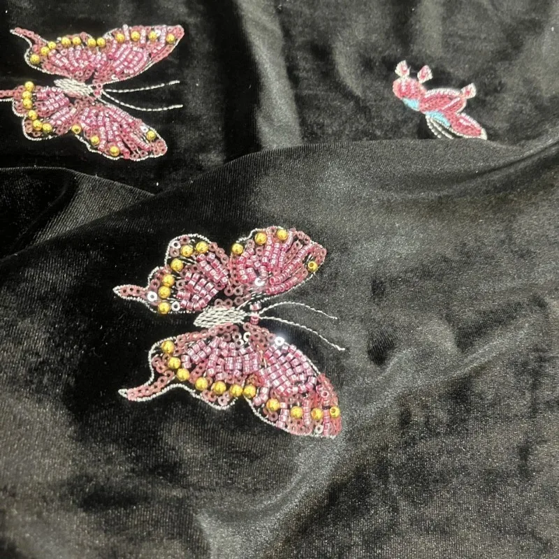 Velvet Fabric with Butterfly Floral Sequin Beaded Embroidery Chinese Ethnic Style Trim for Garment DIY Sewing Material By Yard