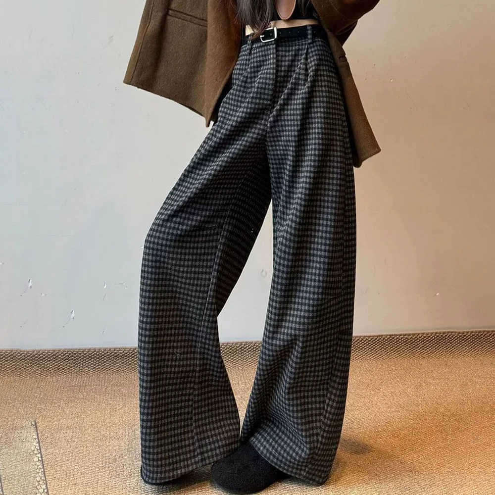 

Black and gray plaid pants women's autumn and winter woolen scimitar pants high waist casual straight and thin wide-leg pants