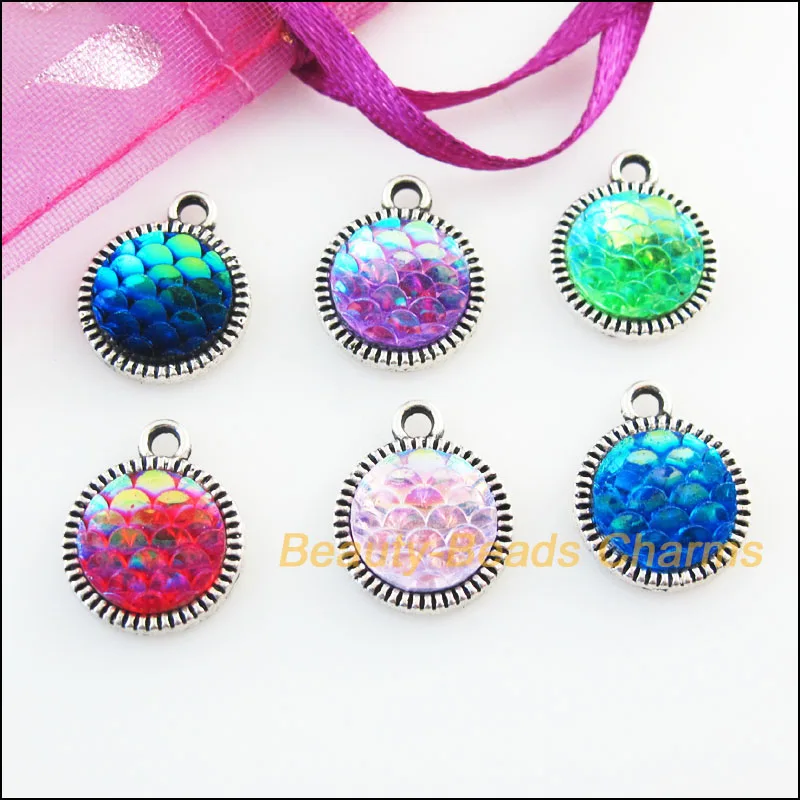 18Pcs Round Flower Mixed Scale Resin Tibetan Silver Plated Color Charms Pendants 19.5x21.5mm