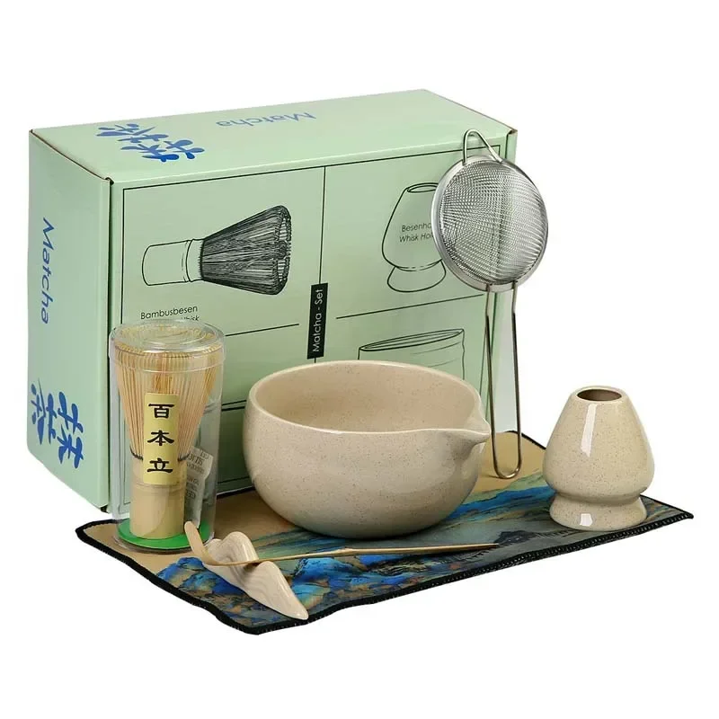 7pcs/set Japanese-style Ceramic Matcha Tea Set, Matcha-colored Chawan Hyakken-tate Colorful Box, Chasen tea Whisk, Complete Set