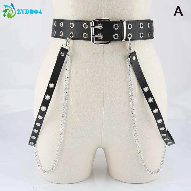 ●1PCS Black Punk Gothic Faux Leather Belt Women Adjustable Metal Chain Ring Waist Belt